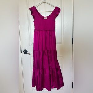 Magenta Natural Life Olivia Tiered Ruched Ruffle Maxi Dress Satin NWOT